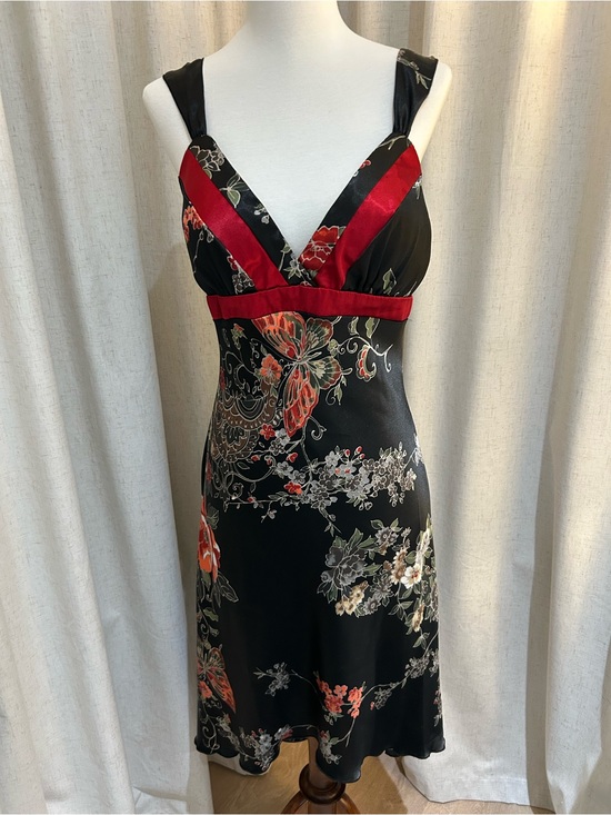 A. Byer Dresses & Skirts - Vtg Y2K A. Byer Floral Butterfly Black Satin Empire Waist Midi Dress Size 11